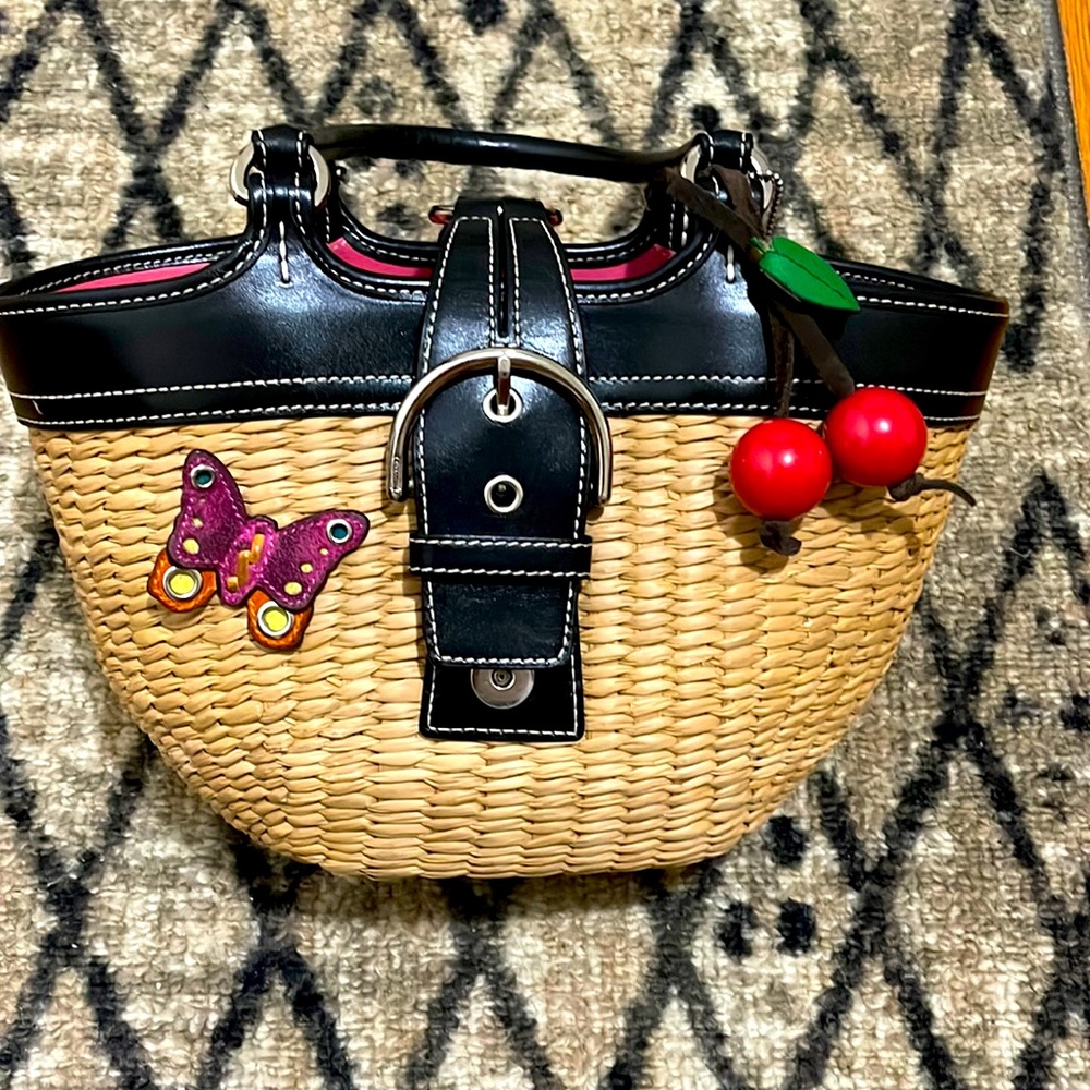 Coach 6270 Butterfly Patch Beige Straw Tote With black leather